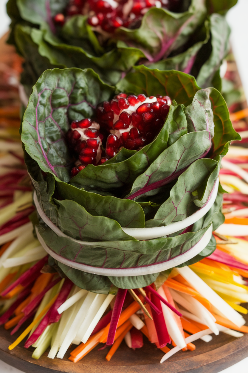 Indoor photo of bright green Swiss chard leaves wrapped around julienned veggies, held closed with pomegranate aril “berries,” stacked neatly on a wooden platter. No text or logos.