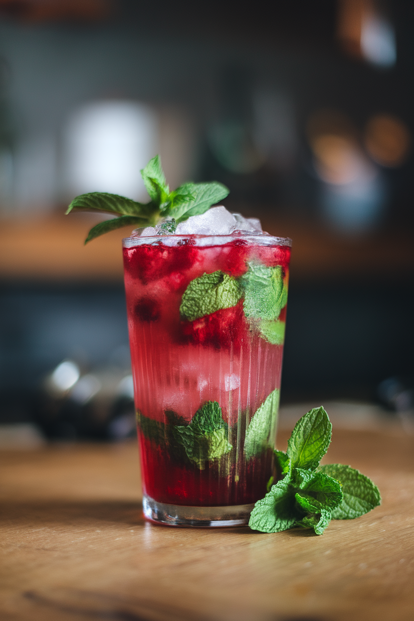 Photo of a tall glass indoors, muddled mint leaves, crimson cranberry mojito liquid, crushed ice mound, mint bouquet garnish. No text or logos.