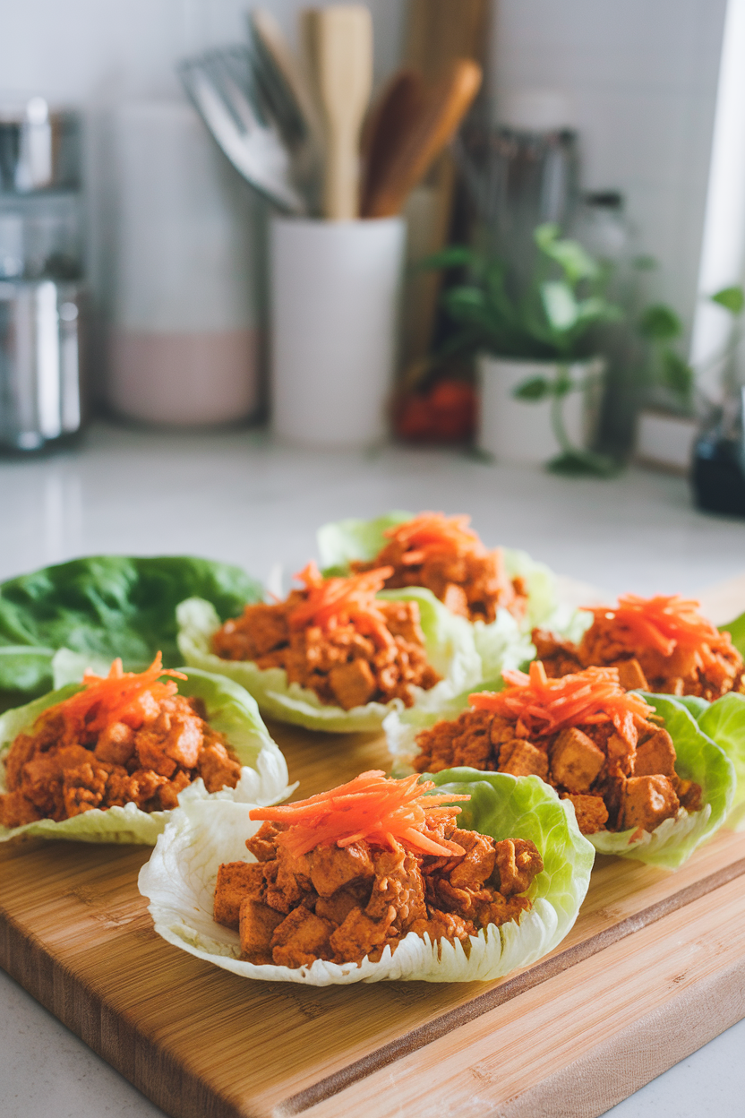 A kitchen island featuring butter lettuce leaves filled with crumbled tofu coated in spicy peanut sauce, shredded carrot on top. No text or logos; photo only.