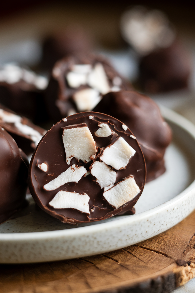 Photo of indoor plate with dark-chocolate-coated coconut pieces, cross-section visible, no text