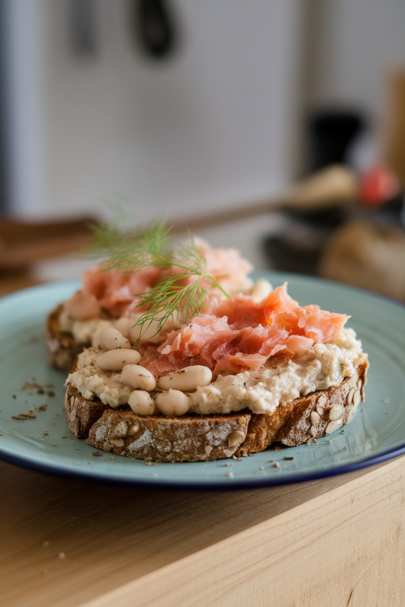 An indoor breakfast plate featuring whole-grain toast topped with mashed white beans and flakes of smoked trout, dill garnish. No logos or text; photo only.