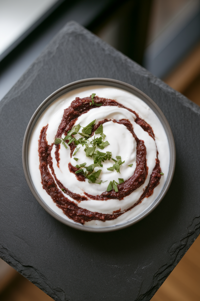 Photo of a shallow dish of thick yogurt swirled with dark olive tapenade and a sprinkle of chopped parsley, photographed indoors on a slate board. No text or logos visible.