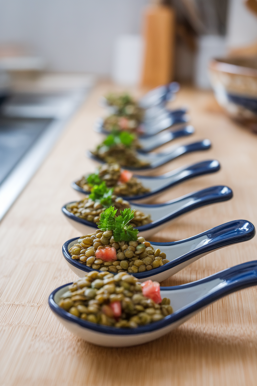 A line of ceramic tasting spoons filled with green lentil salad dotted with parsley and diced tomatoes on an indoor countertop. No text or logos. Photo, not illustration.
