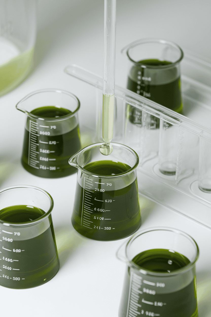 An indoor lab-style setup with radioactive-green matcha jello shots in beaker-shaped cups, overhead light glinting off glass, no brand marks