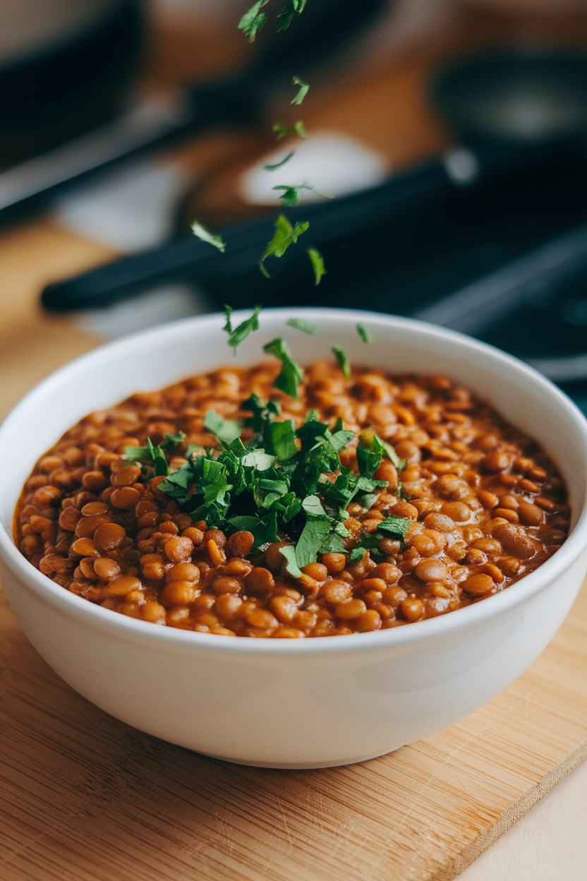 Indoor photo of chopped parsley being sprinkled over a bowl of lentil stew; no text or logos