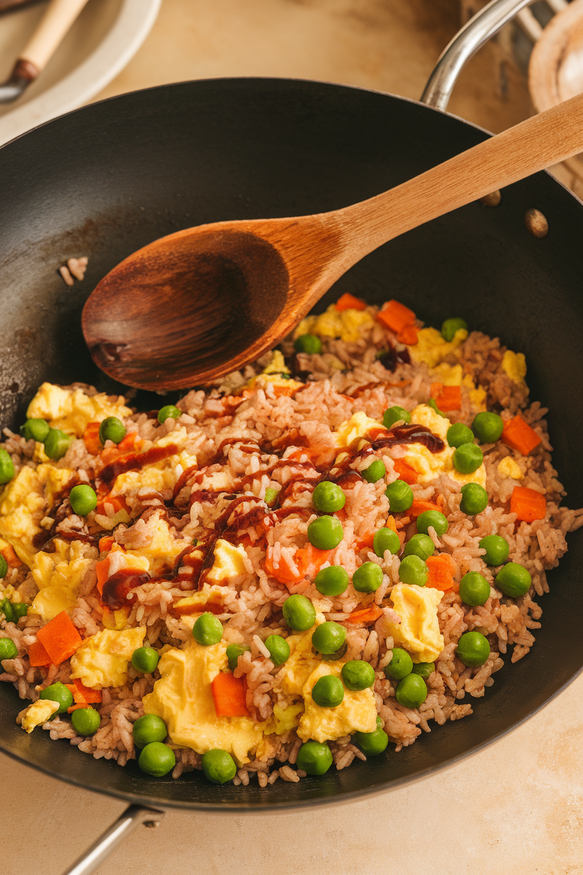 Indoor photo of a wok filled with brown rice, scrambled eggs, peas, carrots, and soy sauce, with a wooden spoon resting on the rim. No text or logos.