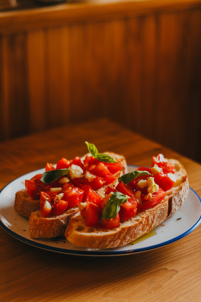 A plate on an indoor dining table showcasing toasted baguette slices topped with diced tomatoes, minced garlic, and torn basil leaves, olive oil glistening. No text or logos.