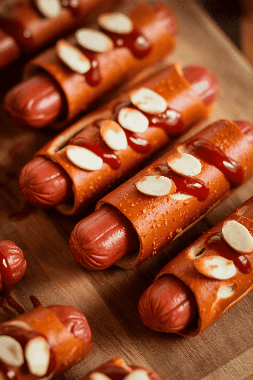 Close-up indoor shot of pretzel-wrapped hot dogs cut to resemble fingers, ketchup “blood” at the tips, almond slice “nails” baked in. Photograph; no text or logos.