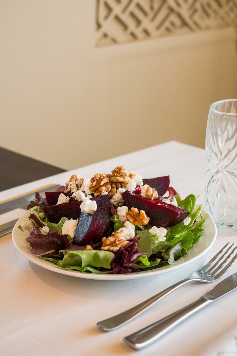 An indoor dining table photo of mixed greens topped with roasted beet wedges, crumbled goat cheese, and walnuts, no text or logos.