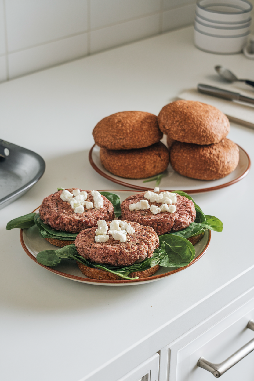 An indoor countertop showing turkey burger patties flecked with spinach and feta, served with whole-grain buns on the side. No text or logos; photo only.
