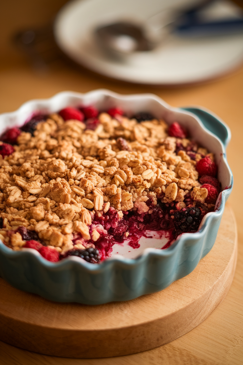 An indoor casserole dish of bubbling mixed berry crisp with oat crumble topping, a scoop missing; no text or logos. Photo.</Prompt