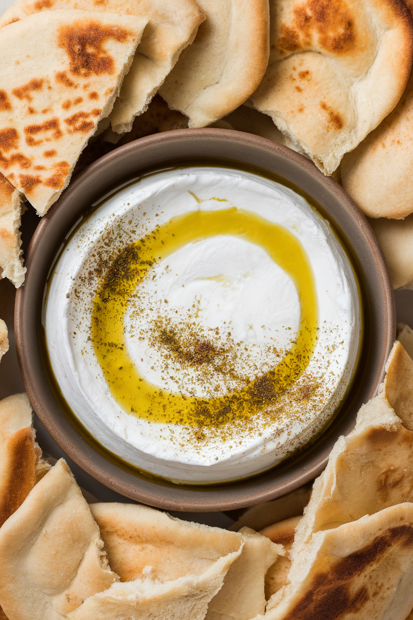 A shallow indoor bowl of thick labneh cheese with a swirl of olive oil and sprinkled za’atar, accompanied by torn pita. No text or logos. Photo, not illustration.