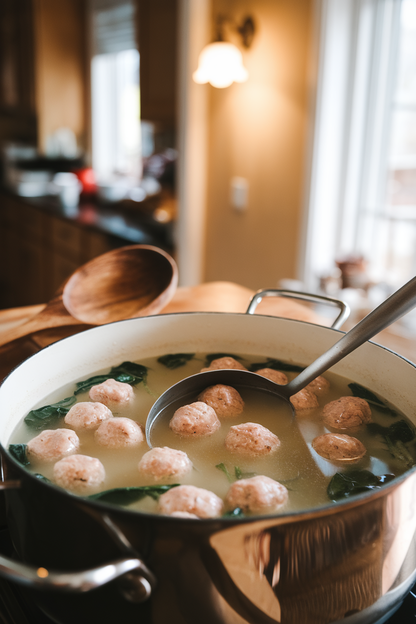 Warm indoor setting with a ladle ready inside a pot of clear broth dotted with small turkey meatballs and slivers of spinach. No text or logos; photo only.