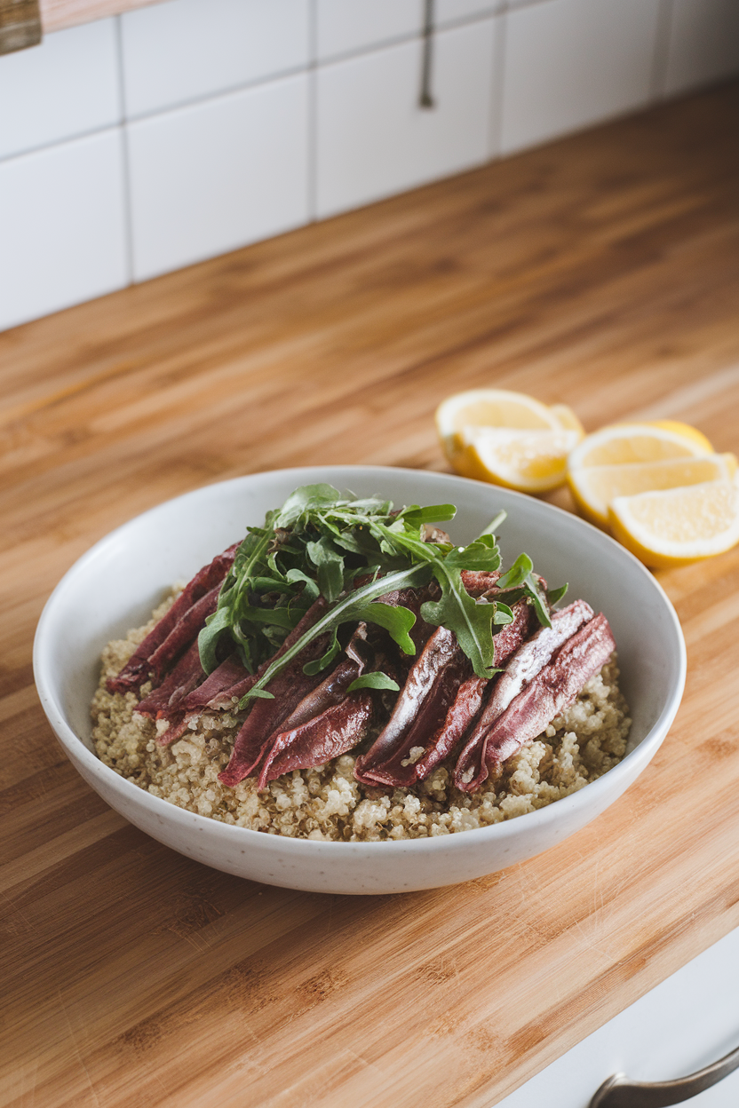 Indoor kitchen shot of quinoa topped with sautéed anchovy fillets, arugula, and lemon slices; no text or logos.