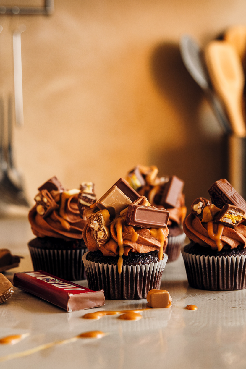 Indoor kitchen counter showing chocolate cupcakes generously topped with chopped assorted candy bars and a drizzle of caramel, no text or logos.