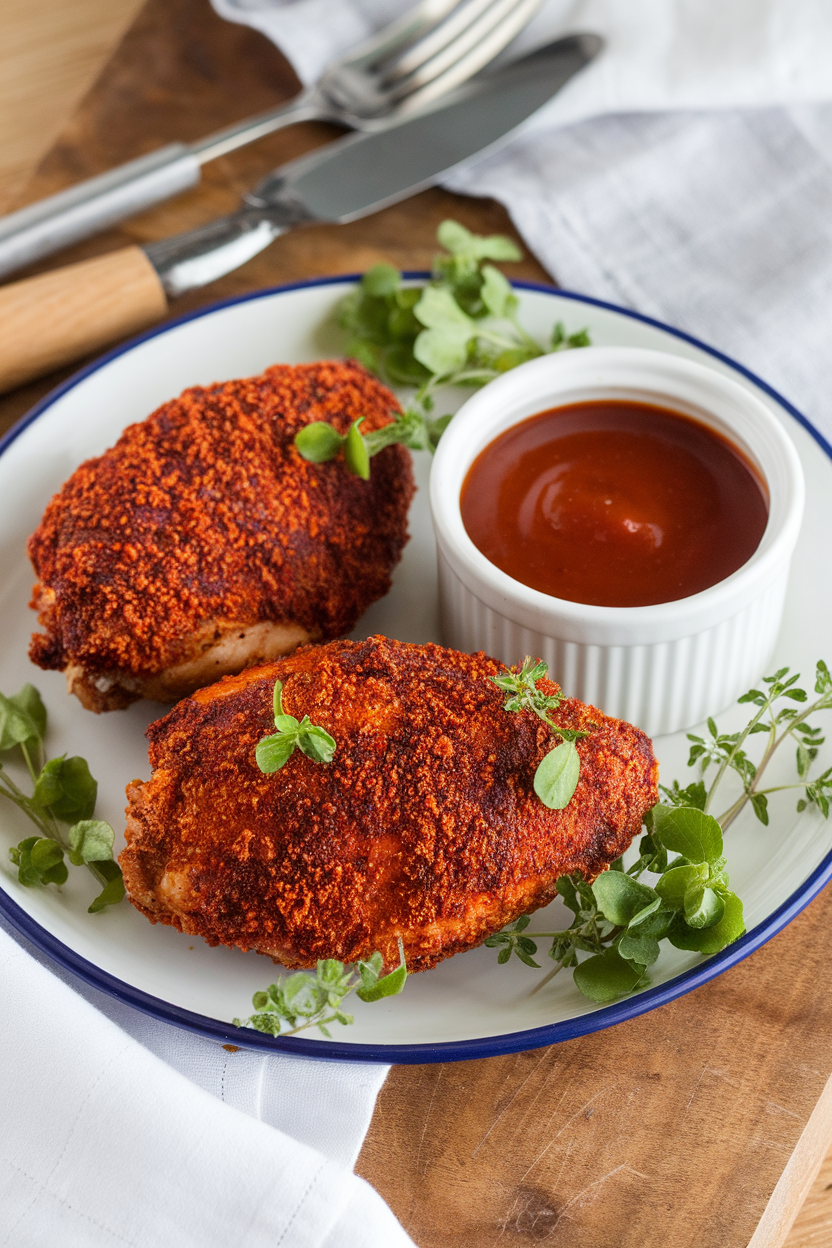 Indoor picnic-style setup with fried chicken breasts coated in smoky barbecue dry rub, ramekin of barbecue sauce, photo only, no text or logos