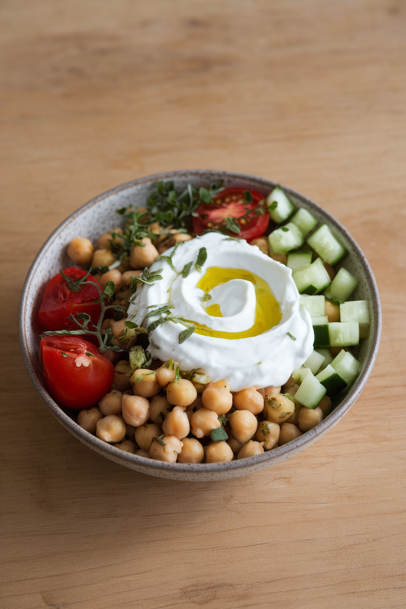 An indoor tabletop photo of a shallow bowl filled with chickpeas, diced cucumber, cherry tomatoes, herbs, and a swirl of thick Greek yogurt drizzled with olive oil, no text or logos.