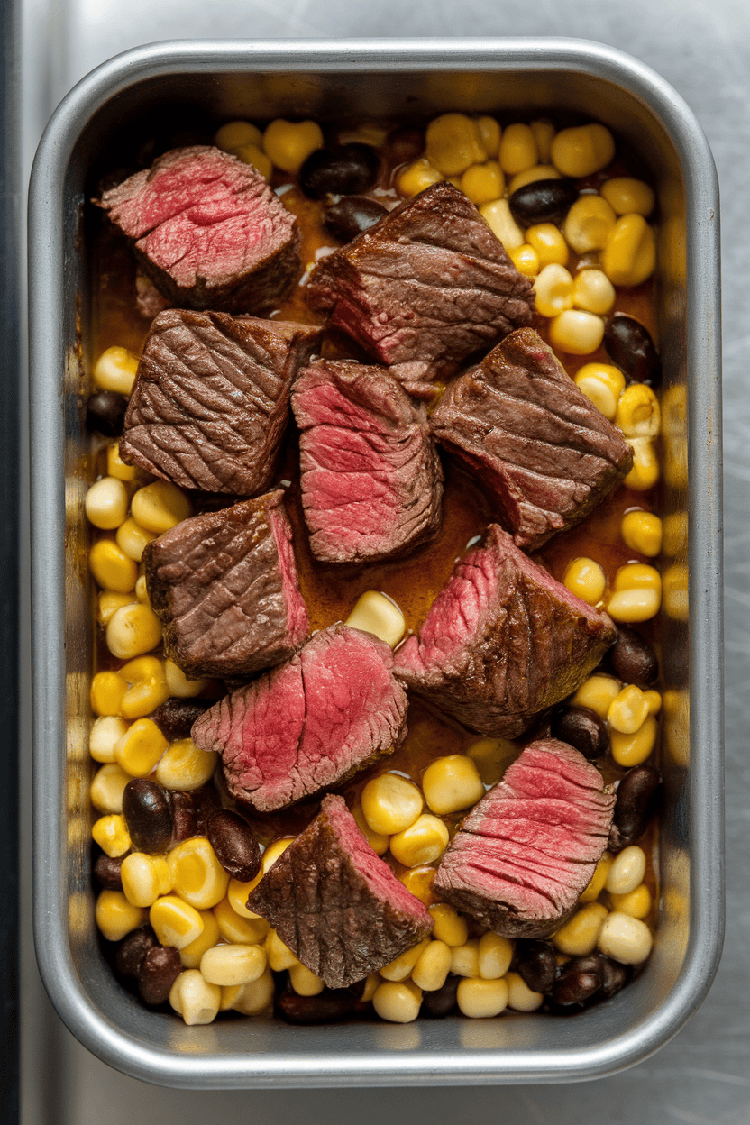 Indoor photo of seared steak cubes tossed with corn and black beans in a metal meal-prep container. No visible text or logos.