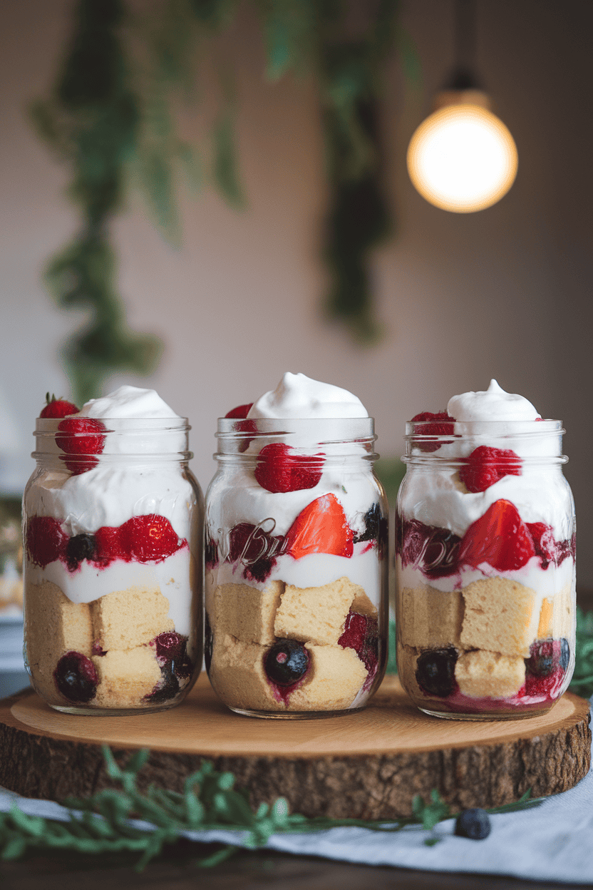 Indoor photo of mason jars filled with layered pound cake cubes, mixed berries, and whipped cream, no text or logos