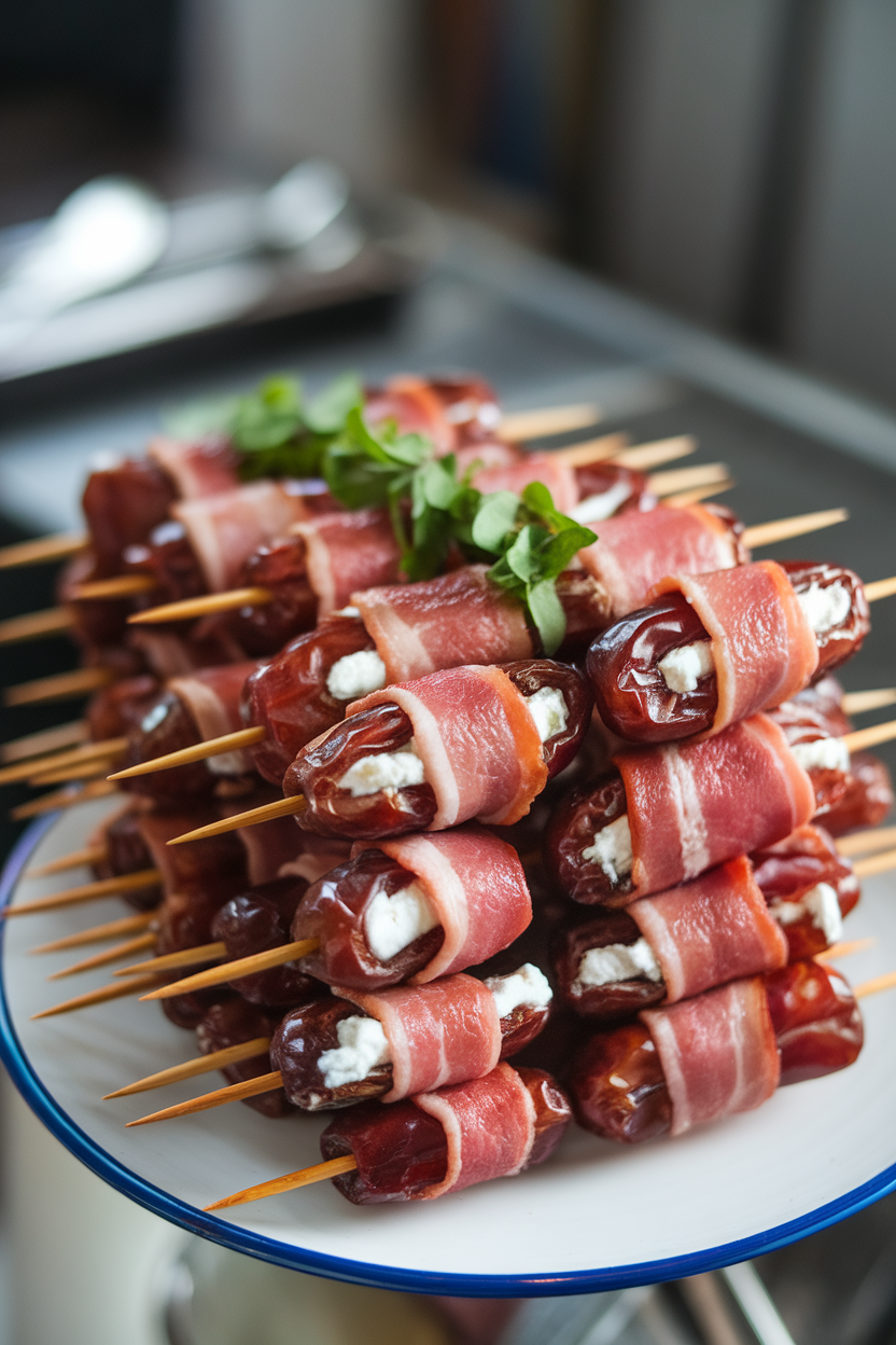 Photo of dates split and filled with goat cheese, wrapped in bacon, skewered, indoor plate. No text or logos.
