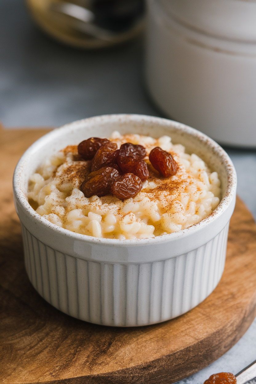 An indoor ceramic ramekin of creamy rice pudding topped with plump raisins and a dusting of cinnamon, photographed from a slight side angle. No text or logos in frame.