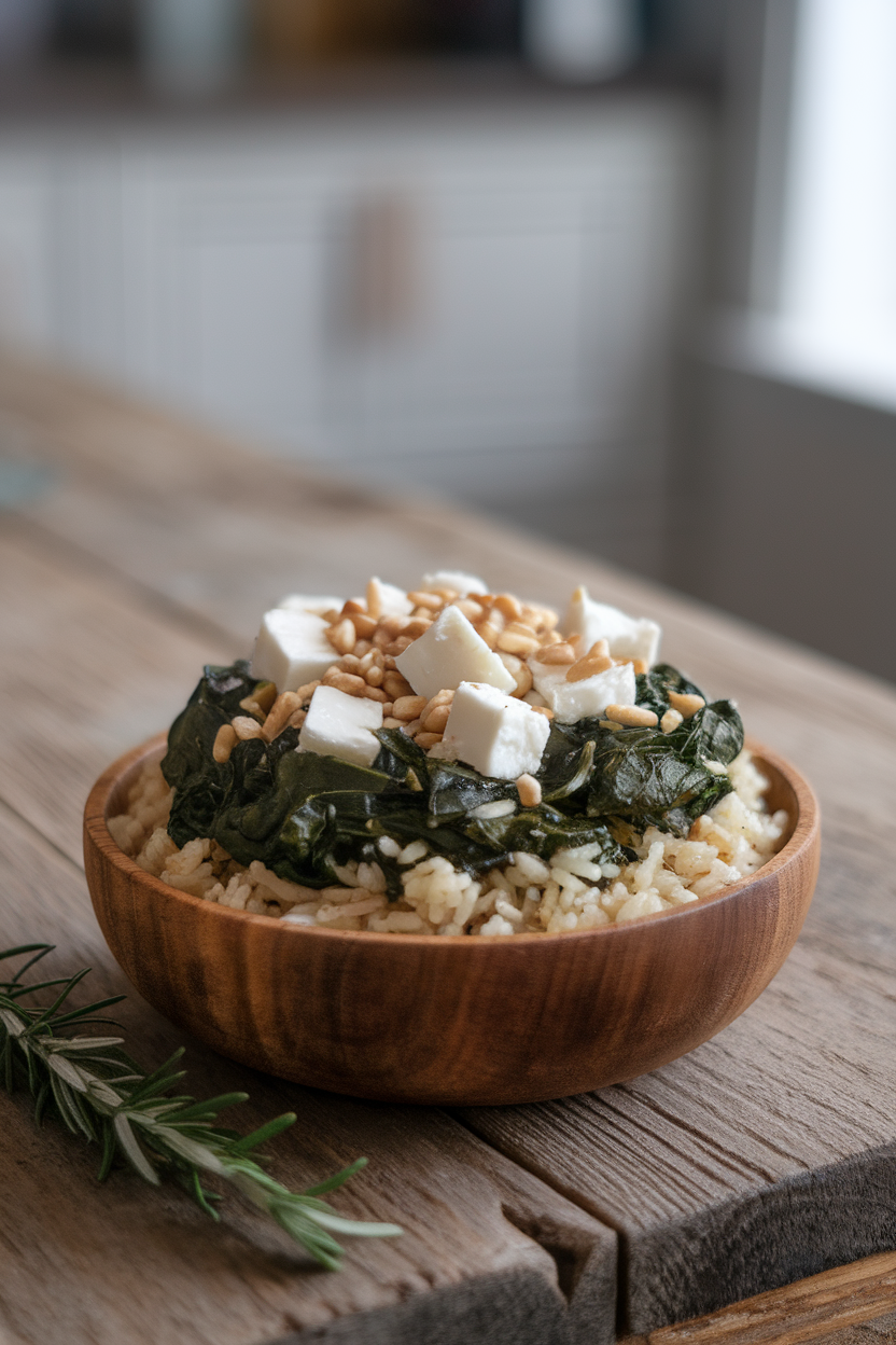 Indoor photo of sautéed spinach and onions folded into brown rice, topped with feta cubes and toasted pine nuts. No text or logos.