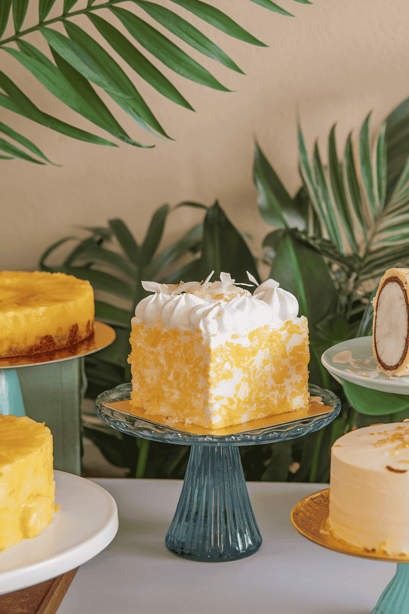 An indoor tropical dessert bar showing a square of tres leches cake soaked with coconut milk and pineapple juice, topped with whipped cream and coconut flakes. No text or logos. Photo only.
