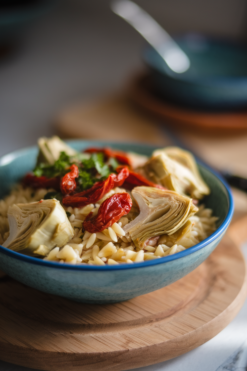 Photo of a bowl indoors containing cooked orzo, marinated artichoke hearts, sun-dried tomatoes, and parsley. No text or logos.
