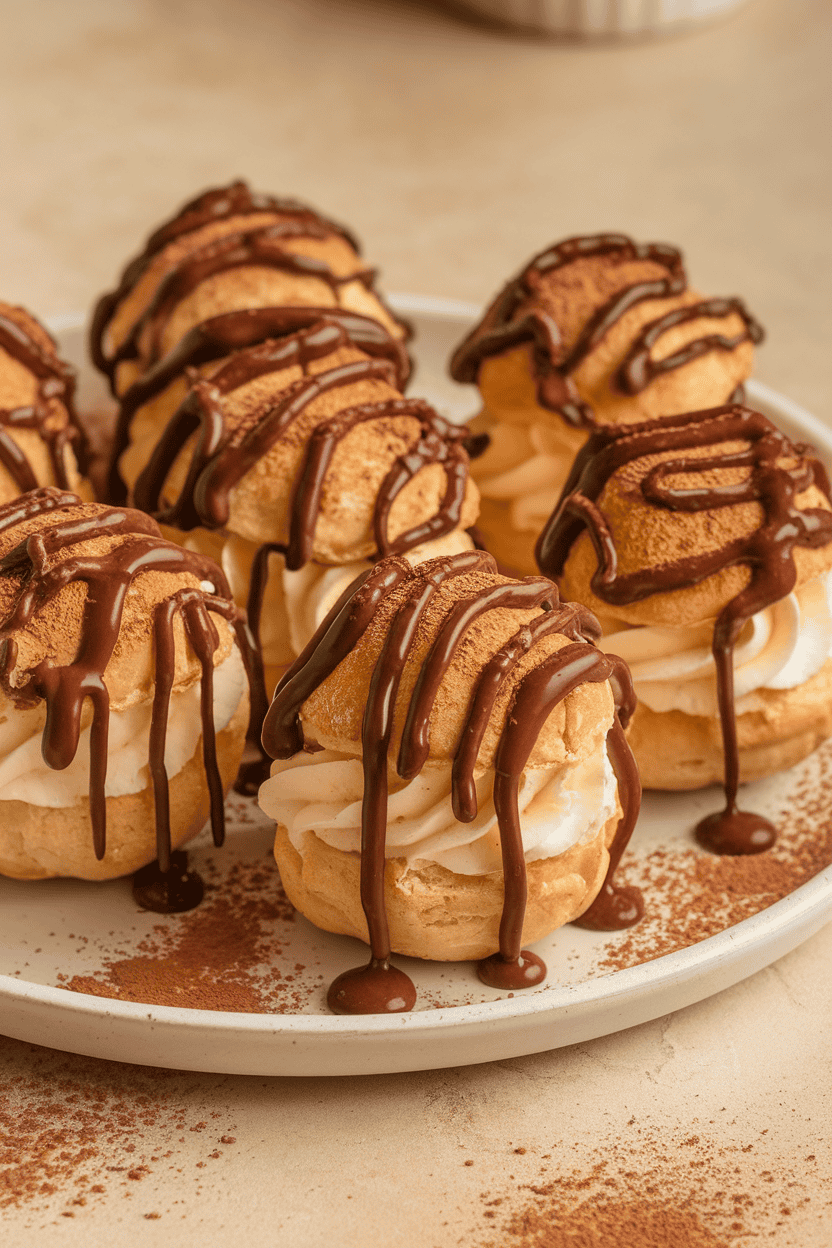 Indoor photo of small cream puffs filled with hazelnut cream and drizzled with chocolate sauce, no text or logos
