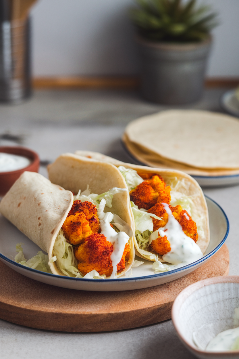An indoor counter showing warmed corn tortillas filled with paprika-roasted cauliflower, shredded cabbage, and yogurt sauce. No text or logos; photography only.