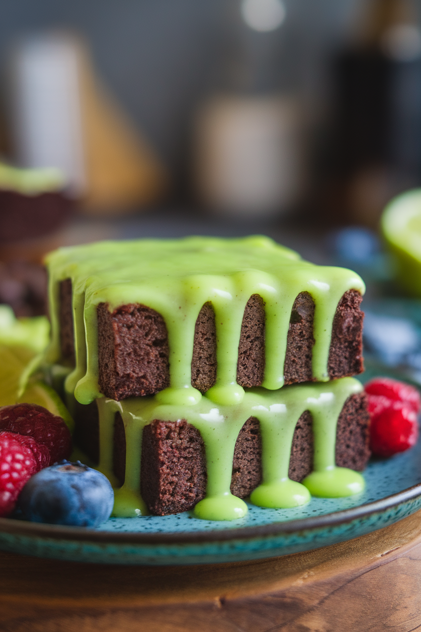 Indoor image of brownies glazed with glossy neon-green key lime icing dripping down the sides; no text or logos