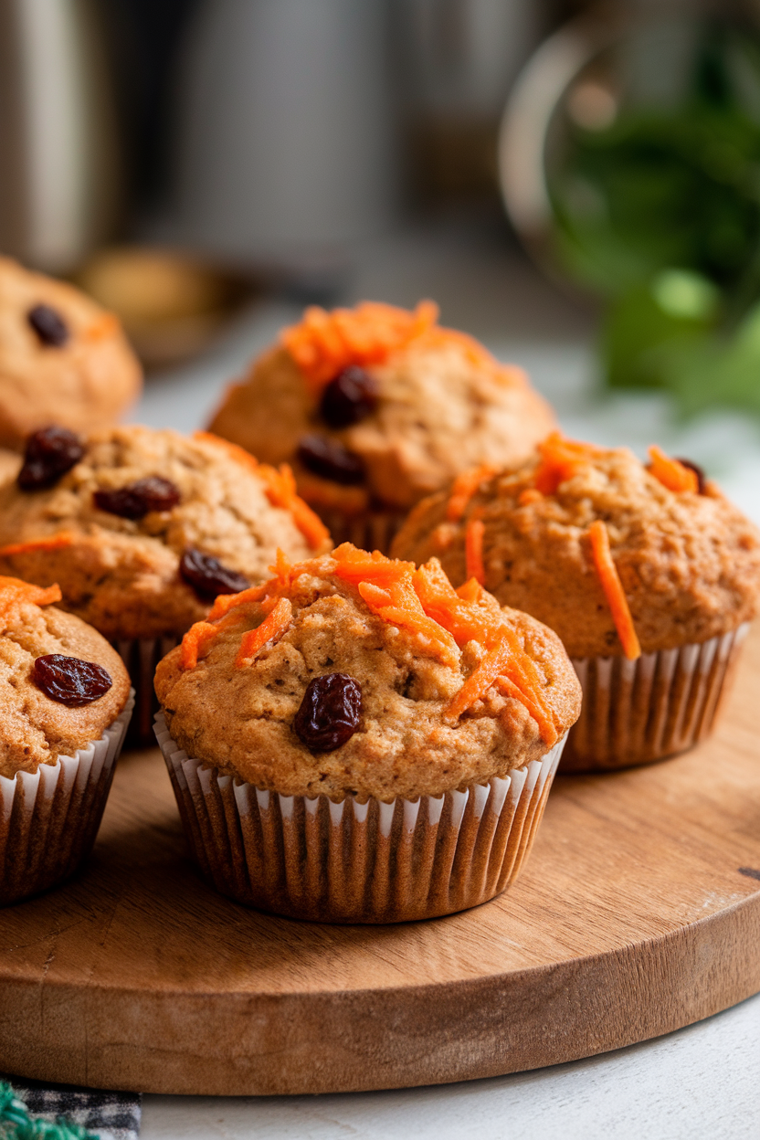 Indoor photo of moist bran muffins studded with grated carrot and golden raisins on a wooden board; no text or logos present.
