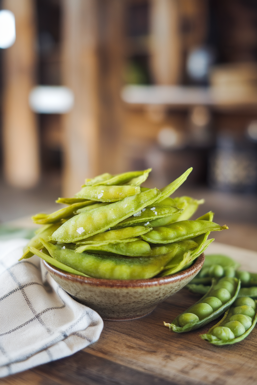 Indoor small bowl piled with bright green roasted pea crisps on a wooden surface, faint salt crystals visible. No logos or text.