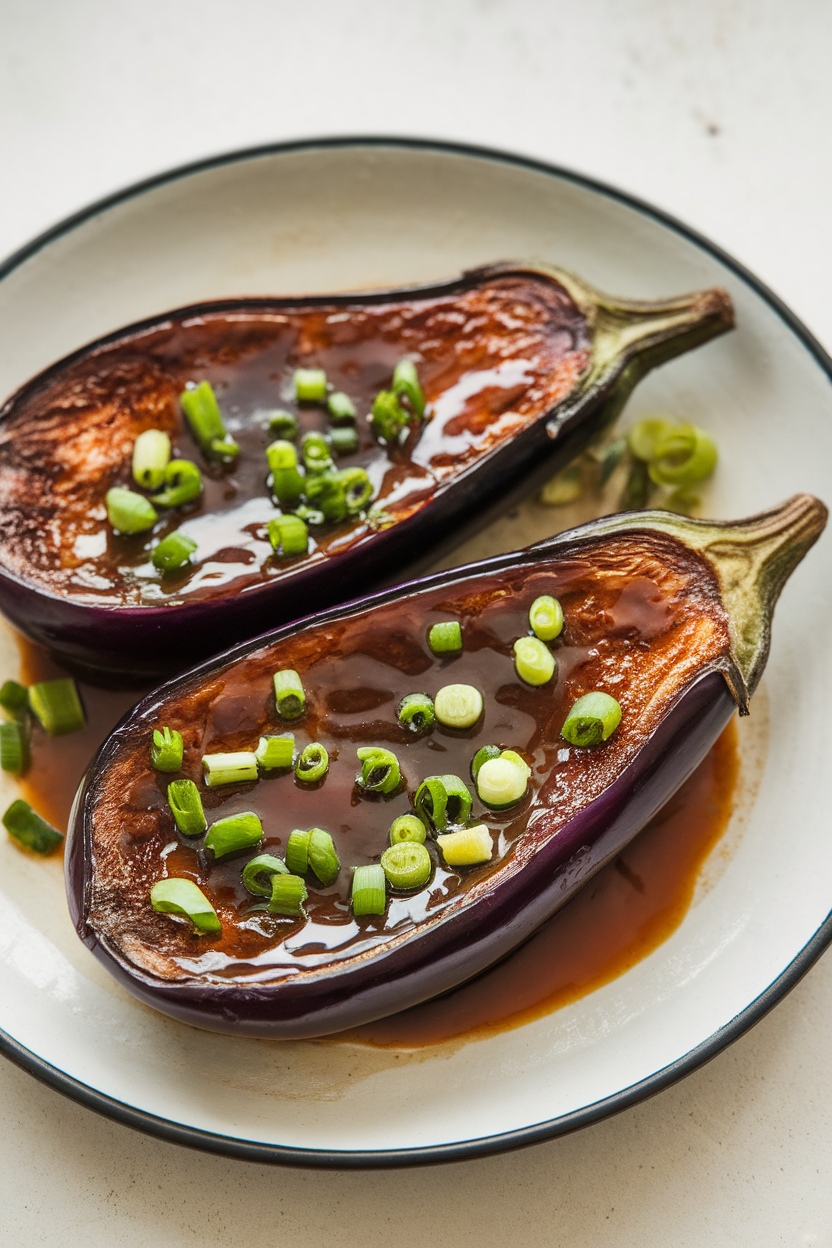 Indoor photo of roasted eggplant halves brushed with glossy ginger-miso glaze, garnished with chopped scallions on a serving plate. No text or logos.