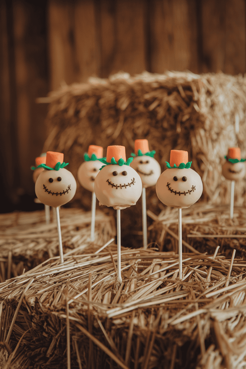 Round carrot cake pops with tiny fondant hats and drawn stitched smiles, placed indoors among mini hay bales; no logos or text. Photo.