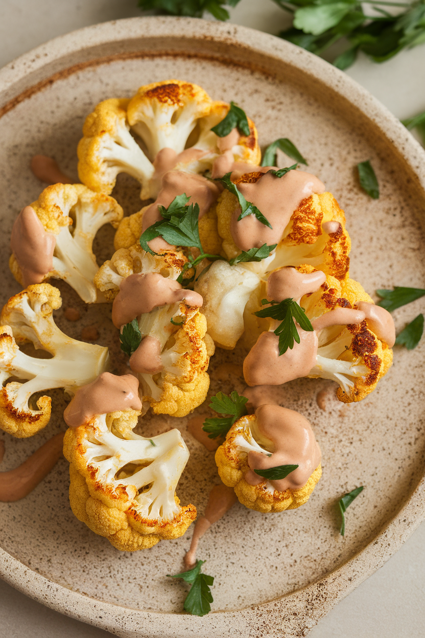 Indoor photo of golden roasted cauliflower florets drizzled with tahini sauce and sprinkled with parsley on a stoneware platter; no text or logos.