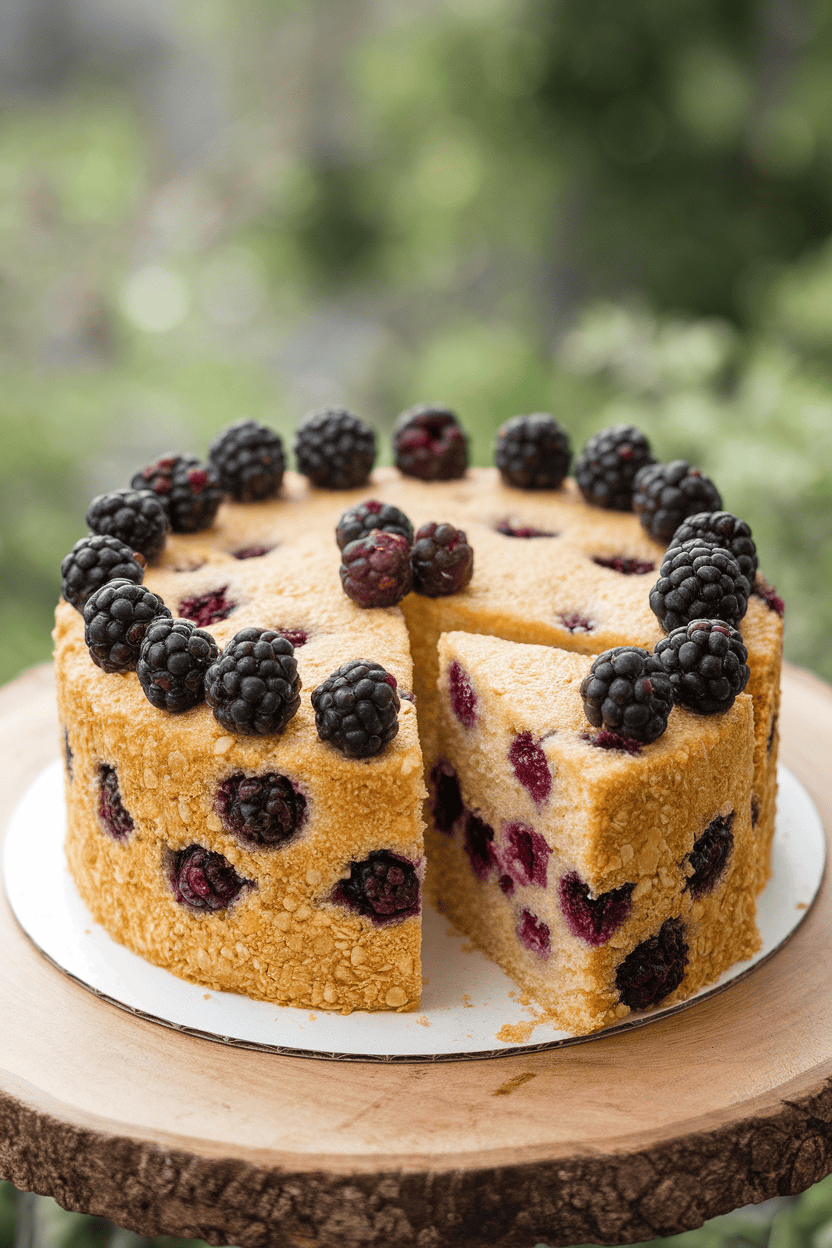 Indoor photo of a round cornmeal cake dotted with fresh blackberries, slice removed to show crumb, no text or logos