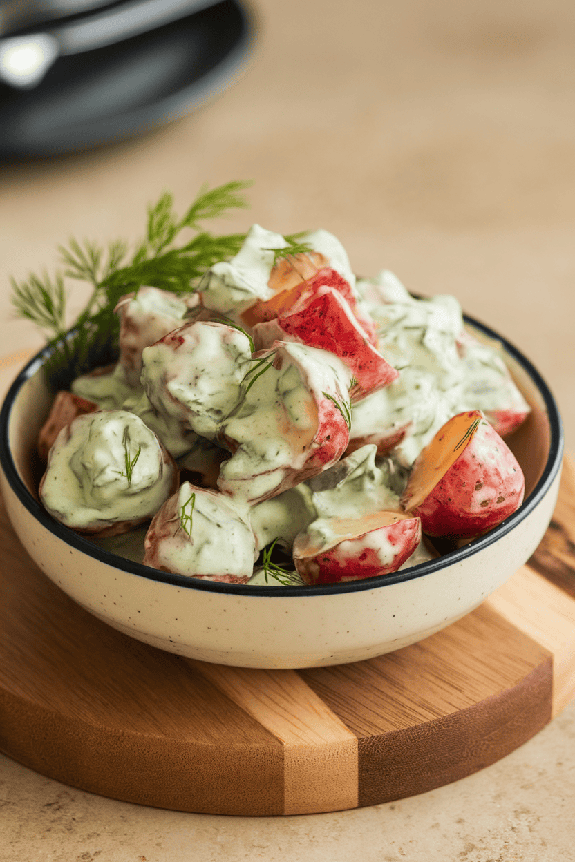 Indoor serving bowl of red potato chunks coated in creamy dill dressing, no text