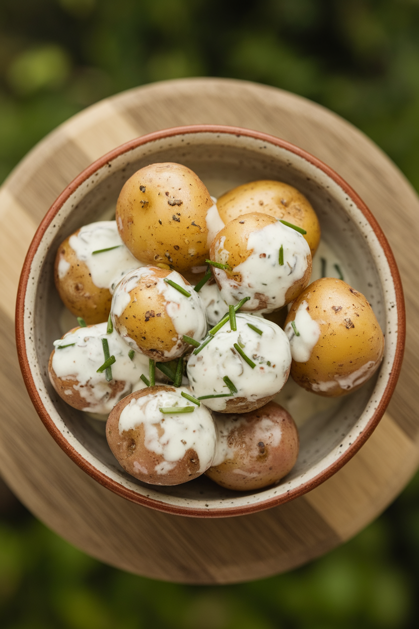 Indoor photo of baby potatoes coated in a creamy Greek yogurt dressing with chopped chives in a ceramic bowl; overhead angle, no text or logos.