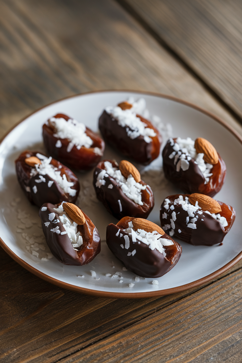 An indoor plate lined with Medjool dates split and filled with shredded coconut and almonds, half of each date dipped in dark chocolate. No text or logos.