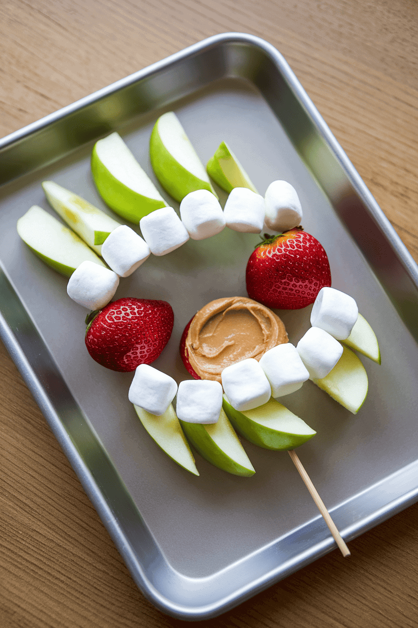 Indoor snack tray with green apple wedges spread with peanut butter, marshmallow teeth lining the “mouth,” strawberry tongues hanging out. Photograph; no text or logos.