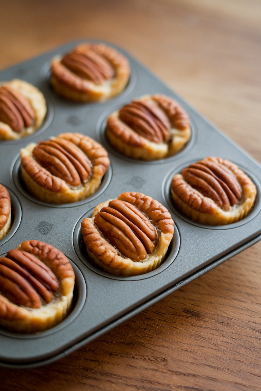 Indoor photo of bite-sized pecan tassies in a mini muffin tin, caramel centers visible; no text or logos.
