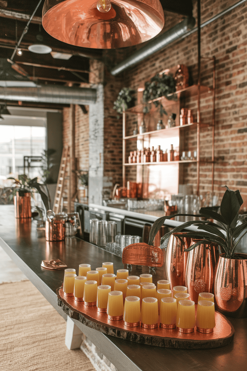 Indoor copper-themed bar with pale amber ginger jello shots in mini copper cups, no logos present