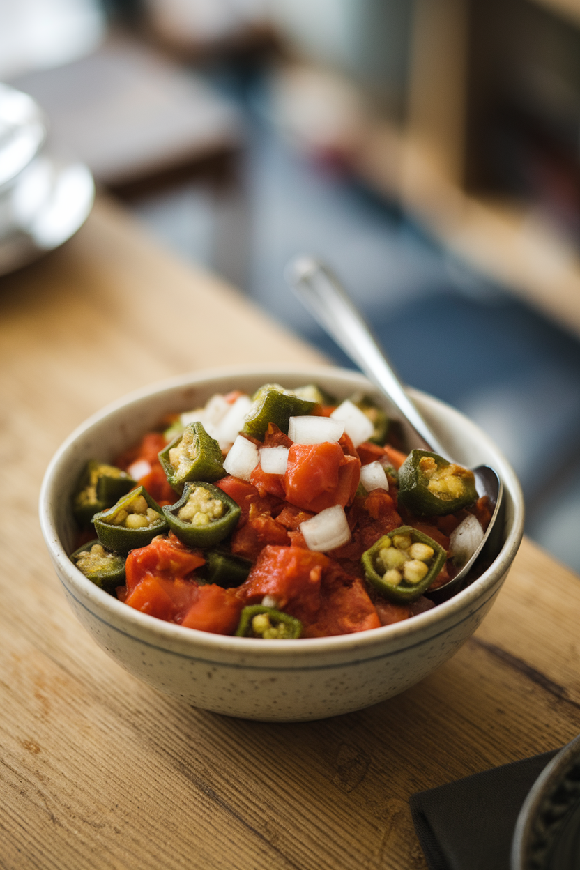 Indoor serving bowl of stewed okra and tomatoes with diced onions, a spoon resting inside, no text or logos. Photo.