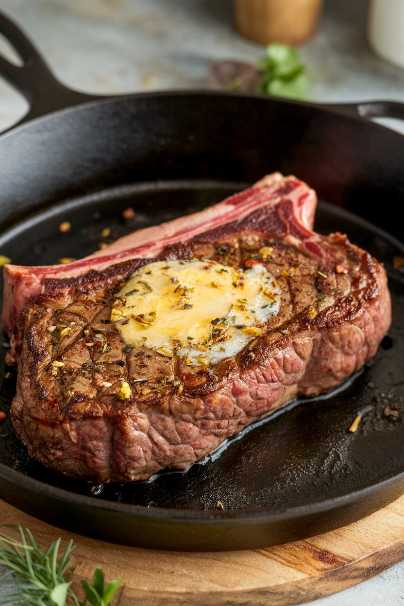 Indoor photo of a bone-in ribeye seared medium-rare, topped with melting herb butter, resting on a cast-iron skillet, no text or logos. Photo only.