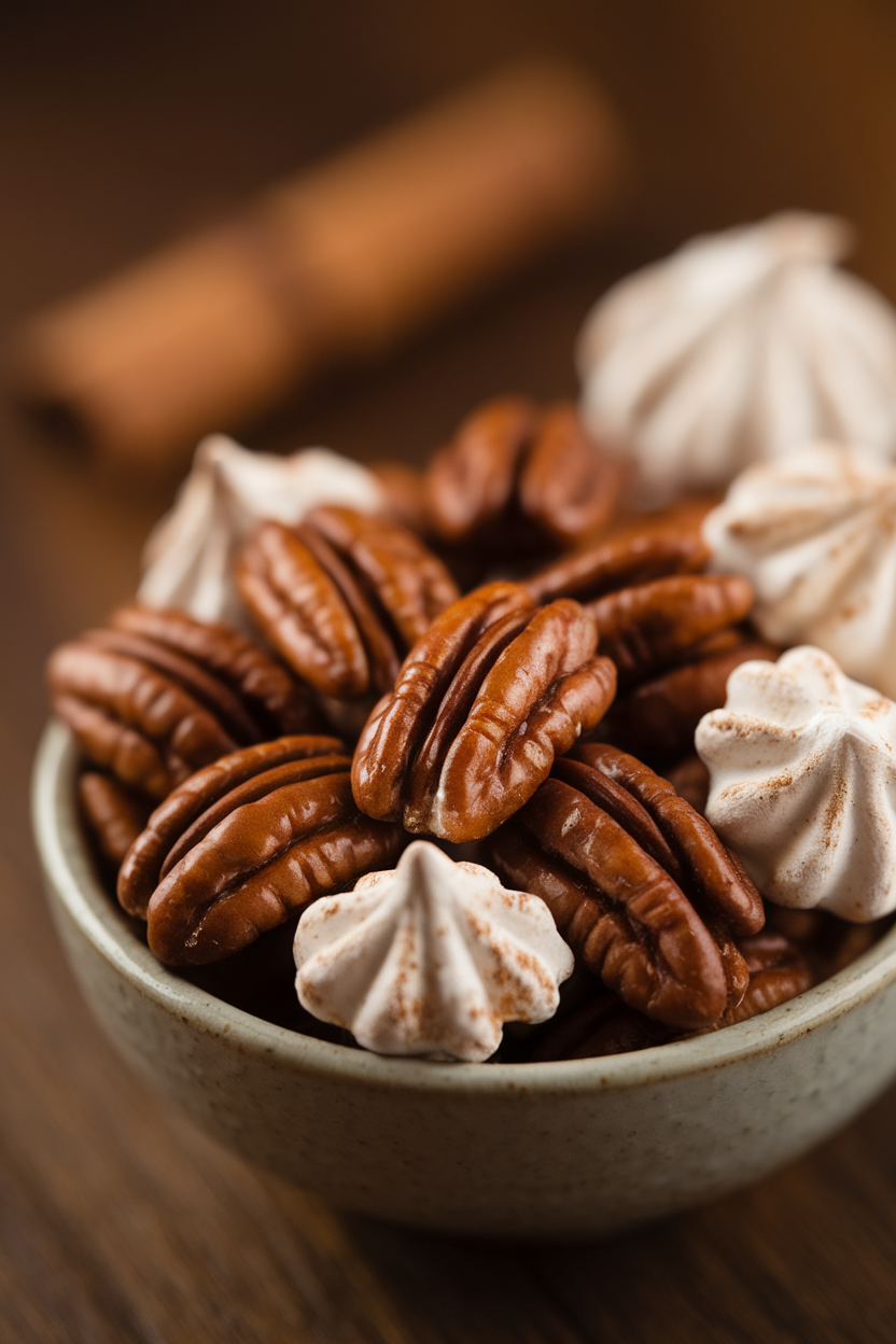 Indoor bowl of glossy, spice-coated pecans with crackly meringue shells, cinnamon sticks blurred behind. No logos or text. Photo only.