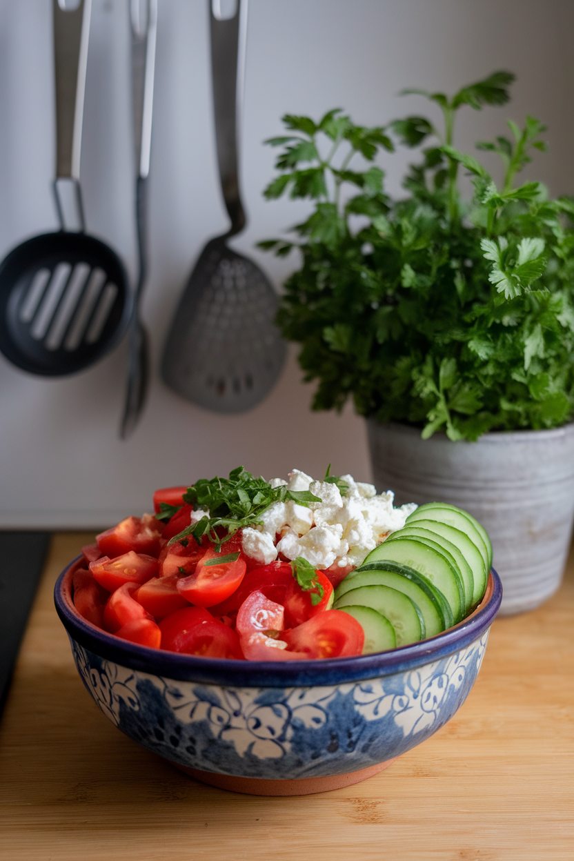 An indoor ceramic bowl filled with diced ripe tomatoes, cucumber half-moons, crumbled feta, and chopped parsley, glistening with olive oil. Soft window light, no text or logos.
