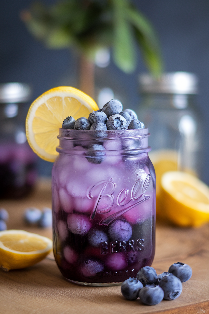 Indoor photo of a purple blueberry lemonade in a mason jar, topped with a slice of lemon and scattered frozen blueberries acting as “boo-berries.” No text or logos.