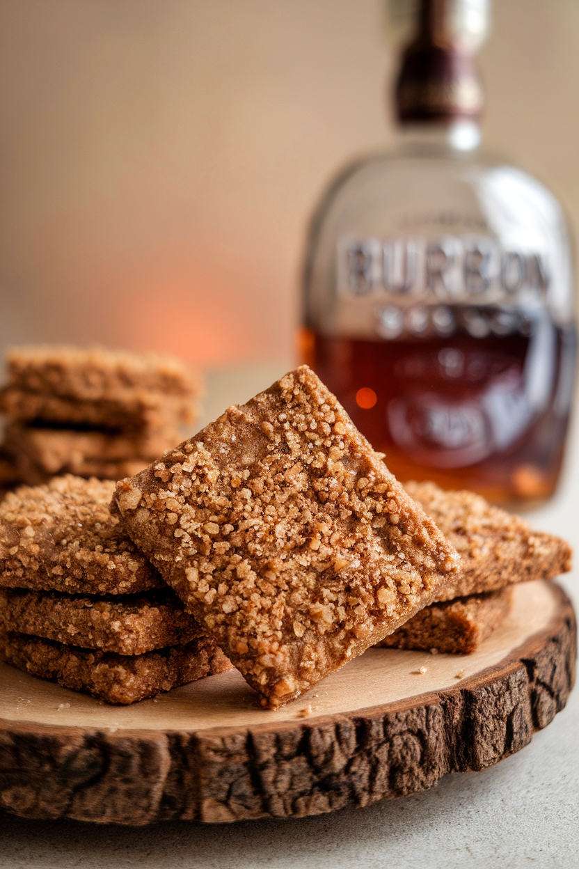 Indoor scene of square brown-sugar shortbread cookies sprinkled with coarse turbinado sugar, bourbon bottle blurred behind. No text or logos visible. Photo only.