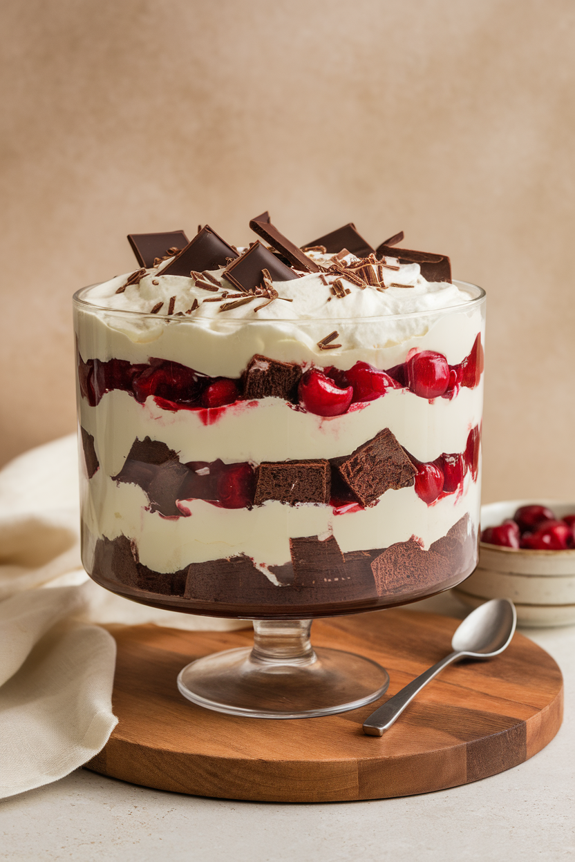 A large indoor trifle bowl layered with chocolate cake cubes, cherry compote, whipped cream, and chocolate shavings. Photo only, no text or logos.